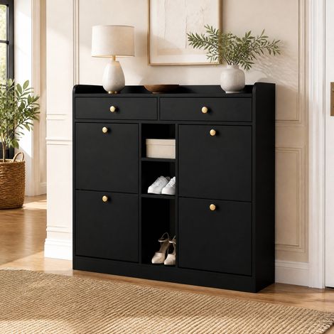 Zapatero negro, 4 puertas abatibles, 2 cajones, 3 nichos, 110 x 26 x 100 cm DESVIAE (1/5)