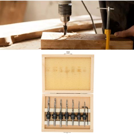 Set aus 7 Holzbohrern mit Senker und Schraubenschlüssel für die Holzbearbeitung, inklusive HSS-Bohrer, Reibahlen und Senker. (1/5)