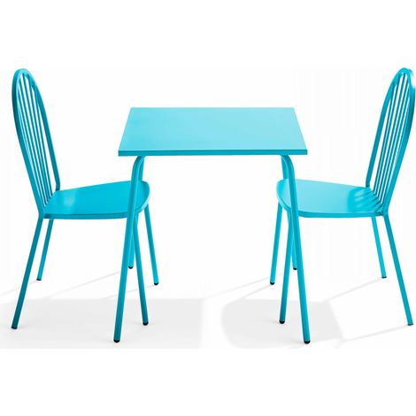 Ensemble table de jardin bistrot et 2 chaises en acier bleu - Palavas (1/5)