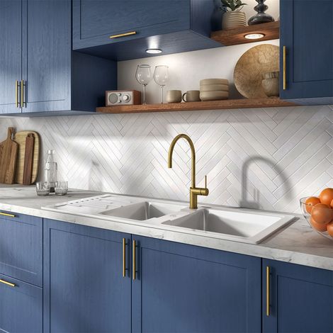 Évier céramique blanc 116x50 cm – 2 bacs réversibles – Évier à encastrer avec bonde et siphon inclus – Pour meuble sous évier 90 cm – EWI