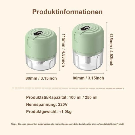 Picadora eléctrica de 250 ml,Mini picadora de ajo y verduras,recargable por USB,ideal para la cocina y para preparar comida para bebés,Verde (1/5)