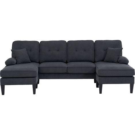 4-Sitzer U-Sofa aus dunkelgrauem Leinenstoff mit zwei Chaiselongues (1/5)