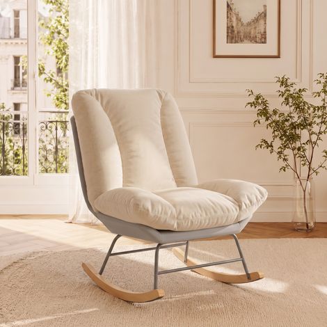 Sillón mecedora para salón, lactancia y lectura, respaldo ajustable en 5 posiciones, tapizado en lino y tejido técnico, patas de madera, Blanco (1/5)