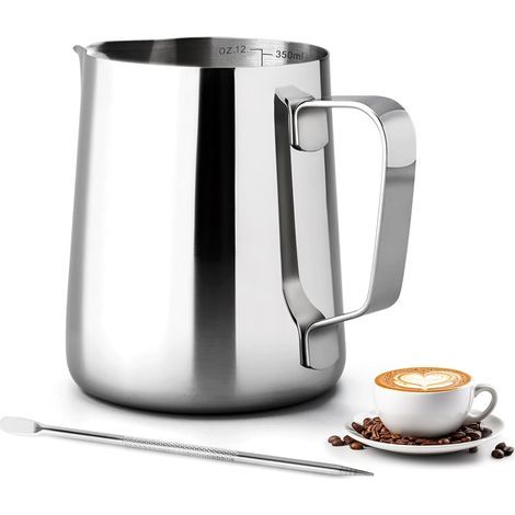 Pot à Lait - 350ml Café au Lait Cappuccino Pichet a Lait Inox pour Faire Mousser le Lait avec Stylo Décoratif pour le Café la Mousse de Lait (1/5)