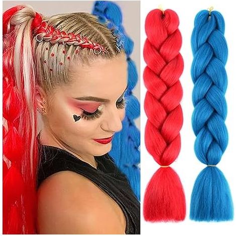 Extensions de cheveux rouges et bleues pour tresses, extensions colorées de 60 cm (24 pouces), mèches jumbo ombrées, fibres synthétiques haute température, tresses torsadées pour femmes et filles (1/5)