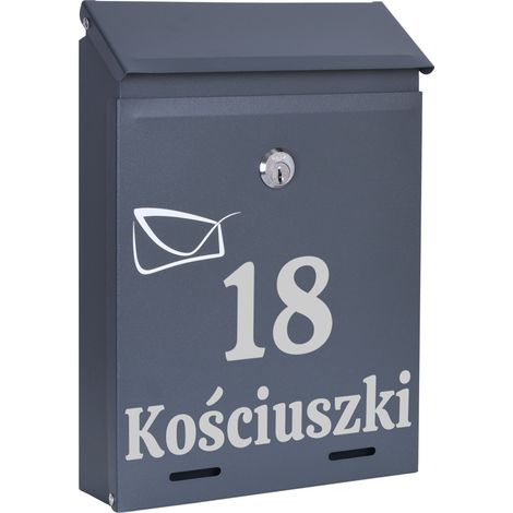 Anthrazitfarbener Odvin-Briefkasten mit Aufschriften