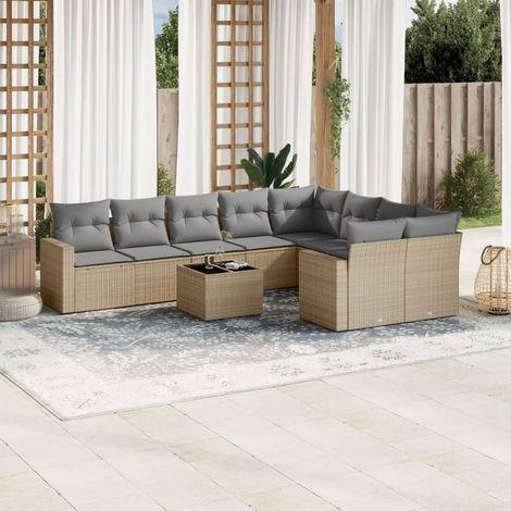 Canapé Jardin 9 Places Gris Résine Tressée avec Coussins Navy - Ensemble Salon Exterieur Modulaire 2 Fauteuils + 2 Canapés + 5 Chaises (1/5)