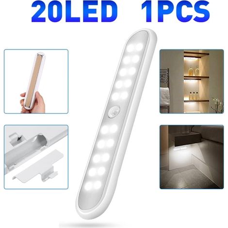 Luce per armadi con sensore di movimento PIR, illuminazione sotto il bancone, 20 luci LED wireless a batteria per cucina, luci a batteria, luci adesive per armadi, credenze, guardaroba (bianco) (1/5)
