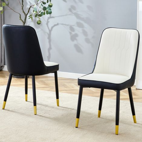 Lot 2 chaises modernes – Dossier PU noir/blanc – Pieds métal noir – Salle à manger/Cuisine (1/5)