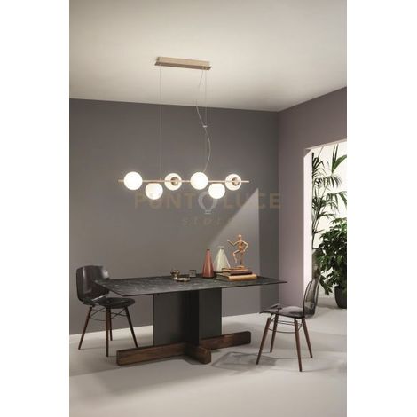 SOSPENSIONE MONILE 6 LUCI ATTACCO E14 ORO E VETRI BIANCHI L.120CM