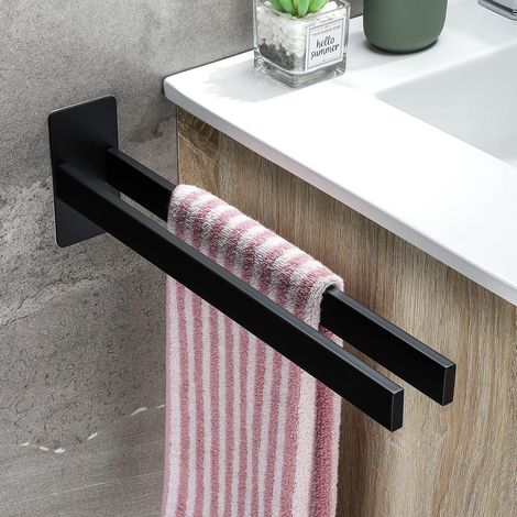 Porte-serviette mural carré en acier inoxydable brossé, double barre, noir mat 39cm, pour salle de bain et cuisine, support à serviettes robuste, fixation murale incluse (1/5)