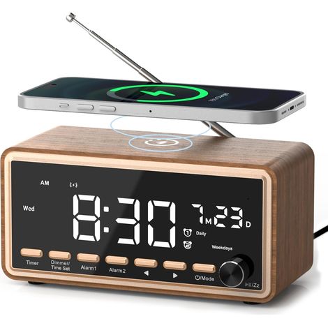 Radio Réveil Numérique, Chargeur sans Fil, Enceinte Bluetooth FM Vintage Réveil Matin en Bois, Double Alarme, Machine Bruit Blanc Adulte Bébé, Idée Cadeau Homme Femme Père Anniversaire (1/5)