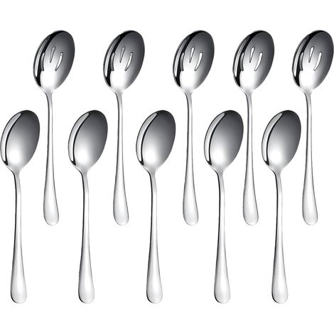 Lot de 10 cuillères de service, cuillère perforées,fendues en acier inoxydable,ustensiles de service pour buffet, fête, banquet, cuisine (1/5)