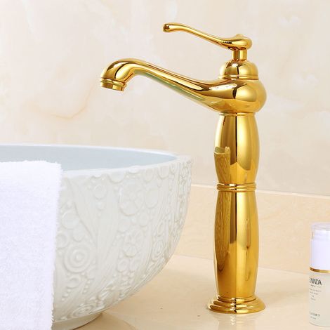 Mischer-Waschbeckenarmatur aus massivem Messing im europäischen Retro-Stil, Badezimmerarmatur für Aufsatzwaschbecken, hohes Modell mit Schlauch, klassische goldene Oberfläche-lsw