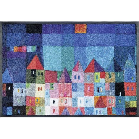 Paillasson FULA 50x75 bleu tissé motif fresque