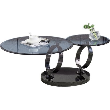 Table Basse AUTOMAT – Verre Fumé & Métal Noir – Plateau 80 cm + Rotatif 55 cm