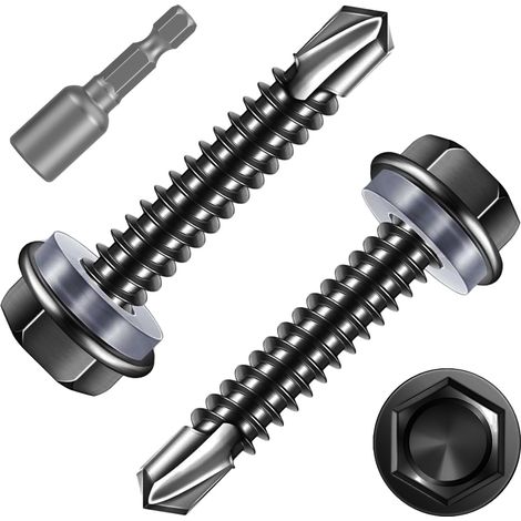 50 Pièces Vis Autoforeuse Metal Noir,M4,8x50mm Vis à Tôle Autotaraudese à Tete Hexagonale avec Rondelle et Autoperceuse Autoperforante Inox 410 avec 1 Bits pour Aluminium Bois Plastique. (1/5)