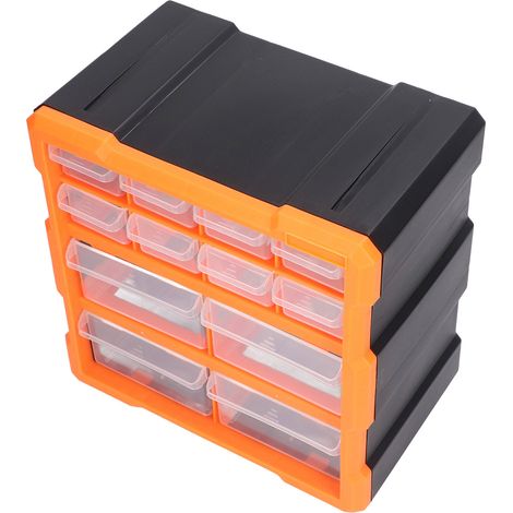 Transparente Aufbewahrungsbox mit 12 Schubladen für Schrauben, Beschläge, Bürobedarf, Heimwerkerbedarf, Werkstattbedarf, Schreibwaren und Bastelzubehör. (1/5)