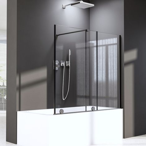 115x140 cm Badewannenaufsatz mit Schiebetür Schwarz Duschwand für Badewanne Schiebetür, Schiebetür Duschtrennwand Duschabtrennung aus 6mm ESG Sicherheitsglas, Schiebetüren ausziehbar 70-115 cm
