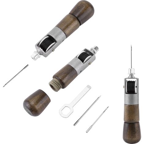 Kit de couture pour cuir fait main (outil à coudre soi-même), alêne à point noué, 2 aiguilles, clé (1/5)