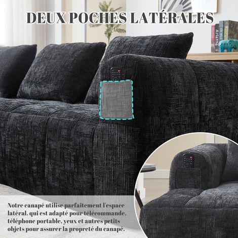 Canapé moderne en tissu Chenille, avec trois places assises. Il y a 3 coussins à disposition. Une petite poche latérale pour ranger la télécommande. Couleur noire. (1/5)