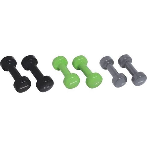 Ensemble d'haltères - SCHILDKROT - 2 x 0,5 kg anthracite - 2 x 1 kg vert citron - 2 x 1,5 kg noir - fonte + vinyle - Valise avec poignée (1/2)