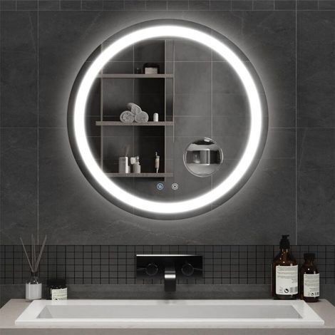 Runder LED-Badezimmerspiegel (60 cm), Wandmontage, beleuchtet, mit Touch-Schalter und Antibeschlagfunktion, abnehmbare 5-fache Vergrößerungslinse mit einstellbarer Helligkeit. (1/4)