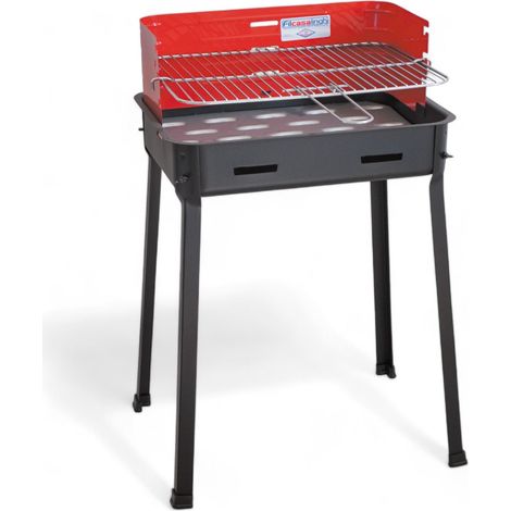 Barbacoa de carbón mediana 45x30x85h de acero pintado con parrilla cromada regulable y pantalla resistente