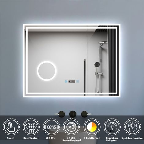 LED Badspiegel 80x60cm mit Uhr 3 Lichtfarbe 3x Vergrößerungsspiegel Beschlagfrei Speicherfunktion Touchschalter Horizontal (1/5)