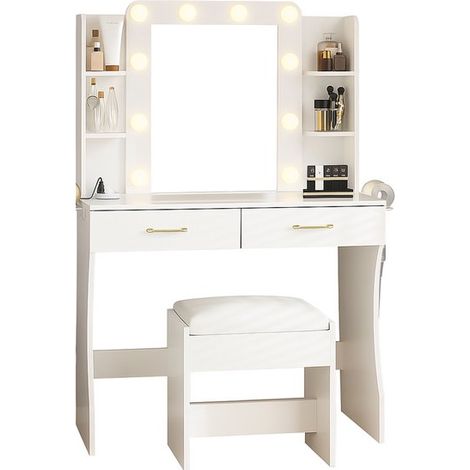 Coiffeuse avec 10 globes lumineux LED, 3 couleurs, coiffeuse avec prise et grand miroir, tabouret et support pour sèche-cheveux, coiffeuse à tiroirs multiples, blanc 85x40x140 cm (1/5)