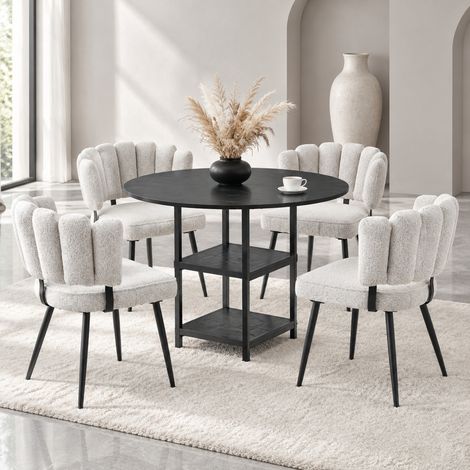Essgruppe: runder Tisch Ø107 cm mit 4 Stühlen, schwarze MDF-Platte, hellgrauer Stoff (1/5)