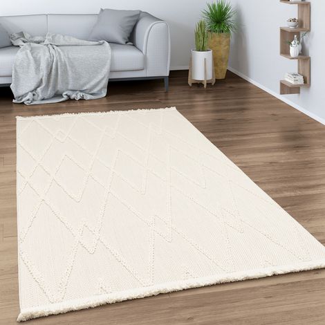 Paco Home Teppich Wohnzimmer Esszimmer Boho Rauten Muster Geometrisch Mit Fransen Modern 120x170 cm, Creme 5