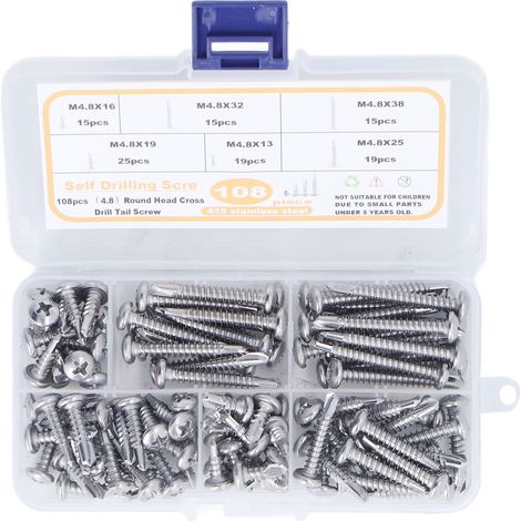 108 Vis autoperceuses M4.8 tête ronde cruciforme en acier inoxydable 410, assortiment de 108 pièces (1/5)