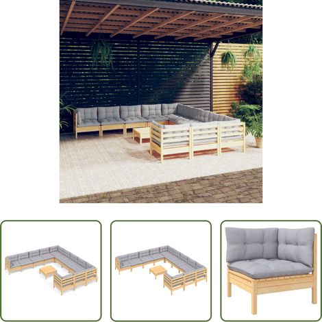 Holzgartenmöbel -  12-tlg. Garten-Lounge-Set mit Grauen Kissen Kiefernholz (1/5)