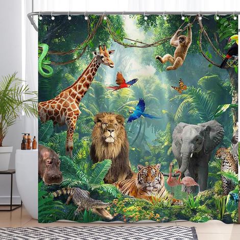 a Rideau de Douche Motif Jungle Tropicale, forêt Tropicale, Safari, Animaux, Zoo, Feuilles de Palmier, décorations avec 12 Crochets, Polyester imperméable, 183 x 183 cm (1/5)