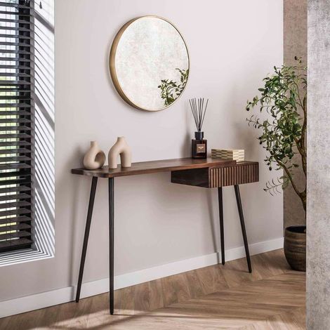 Console 1 tiroir 120x35x76 cm en acacia brun foncé et bronze - KIRVE (1/5)