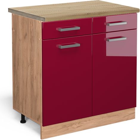 Mueble bajo de cocina R-Line, Rojo Burdeos alto brillo, 80 cm , ET Roble, Vicco (1/5)