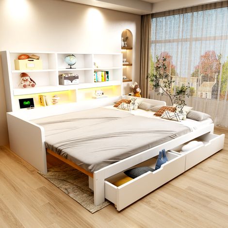 Ausziehbares Tagesbett 90/180 x 200 cm mit Stauraum, LED, Steckdosen, weißes MDF (1/5)
