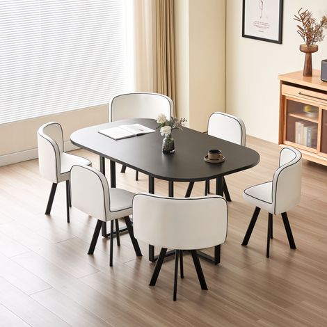 Penelope 150cm Square Table Top BLACK with 6 White Chairs
