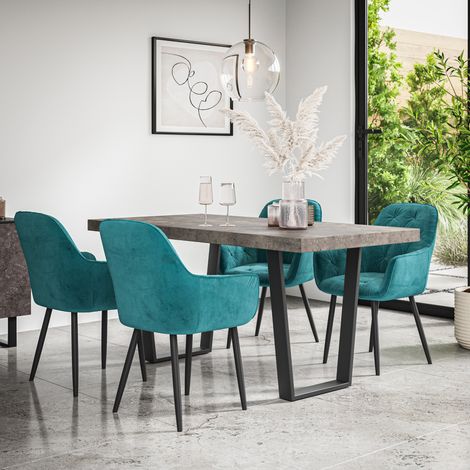 Aria Dining Table And Chairs - Grey Table Top w Black Legs + Anika Velvet Dining Chair Set Of 4 (Blue) (1/5)