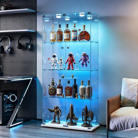 JOOKGBD-Glasvitrine,2 Tür vitrinenschrank 4 Regalen transparent, mit Schloss und LED,Sammlerstücke Glasvitrine,Bücherregal aus Glas,Vertikale Glasvitrine,für Wohnzimmer Schlafzimmer Büro,Weiß