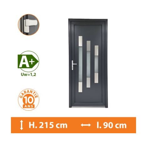 Direct Fenêtres – Porte d'entrée PVC gris anthracite – Double vitrage 33.2/14/4 – Isolation thermique A – Seuil aluminium PMR 18mm – 1 vantail ouvrant à la française