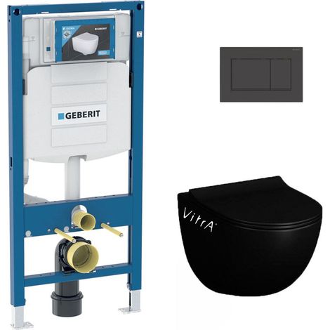 Pack WC Bati-support Geberit UP320 + WC Vitra Sento noir mat sans bride + Abattant softclose + Plaque noire (GebBlackSento-G) (1/5)