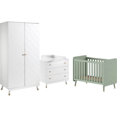 TINY WHITE - Chambre avec lit bébé vert + table à langer + Armoire 2 Portes