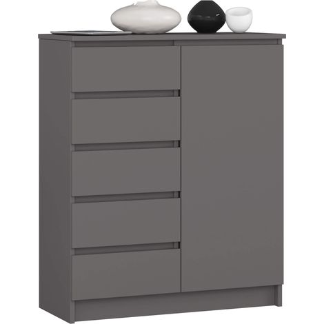 Akord – Commode enfant 80 cm – 1 porte – 5 tiroirs – 3 étagères – Panneau stratifié – Gris graphite – Dimensions 80x35x97 cm