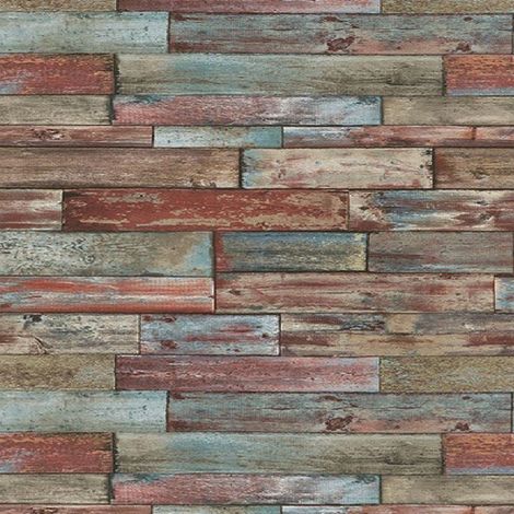 Wood Effect Wallpaper Red Blue Brown Wooden Weathered Planks Boards Panels (1/5)