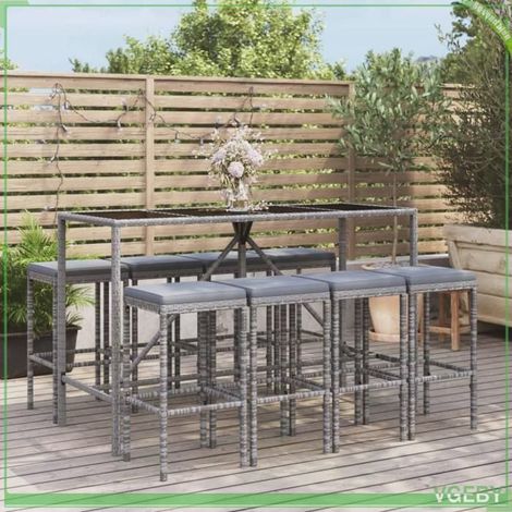 Ensemble de bar de jardin - FAFEICY - 3187638 - 9 pcs (1 table+8 tabourets+8 coussins) - Gris - Rotin poly & dessus verre trempé (1/5)