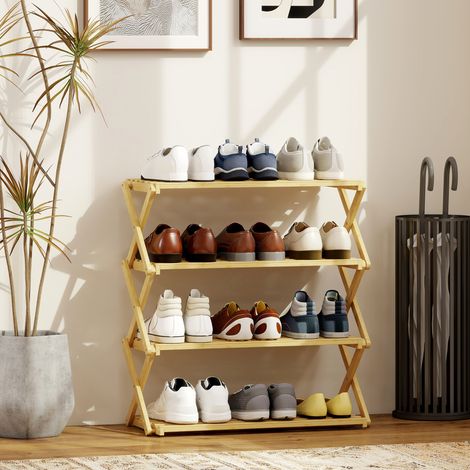 Étagère à chaussures étroite en bambou, étagère à chaussures verticale pliable à 4 niveaux, installation facile, couleur naturelle (1/5)