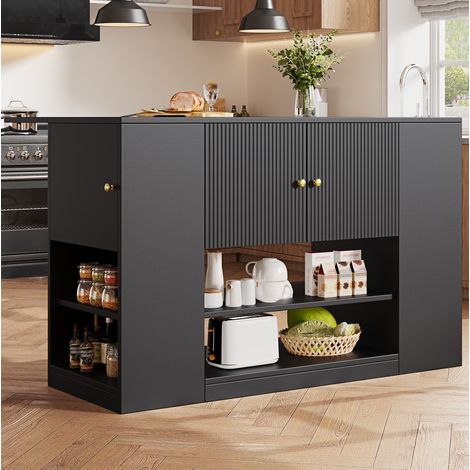 Îlot de cuisine 140x40x90 cm noir en MDF avec plateau rabattable, tiroirs et étagères (1/5)