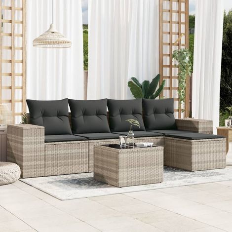 Ensemble de jardin en résine tressée 6 places avec table verre et coussins - Gris clair - Modulaire et rangement (1/3)
